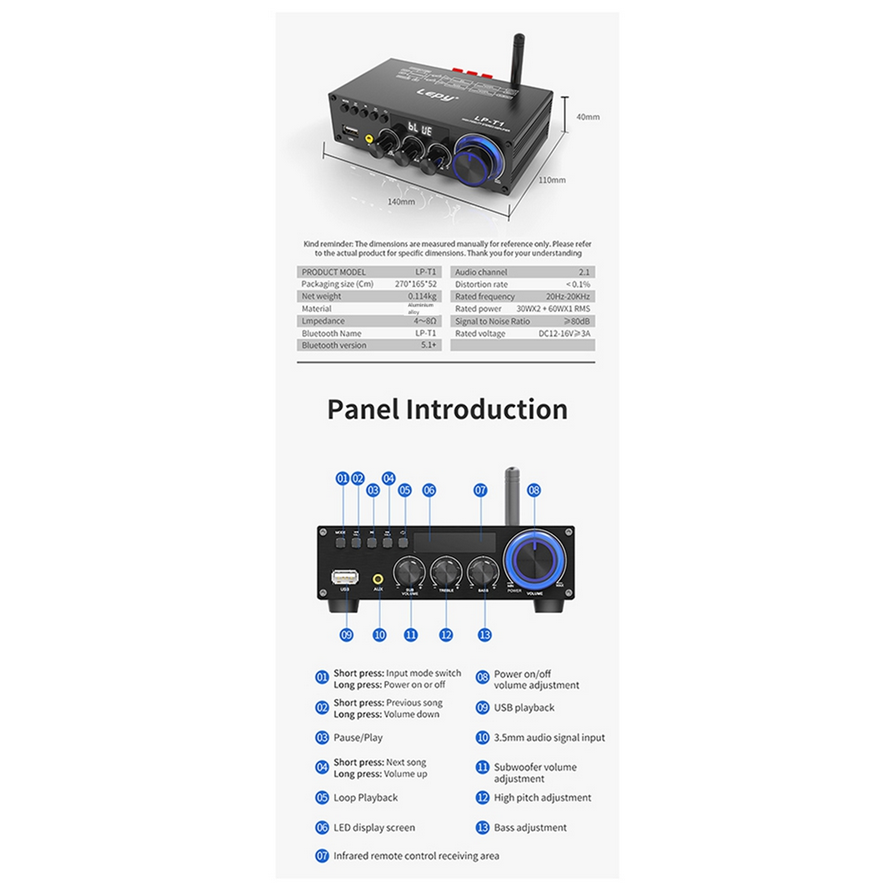 Hot sale LP-T1 Digital HiFi Bluetooth Amplifier Coaxial USB Disk Lossless Playback Mini Digital Amplifier 30Wx2+60W EU-PLUG