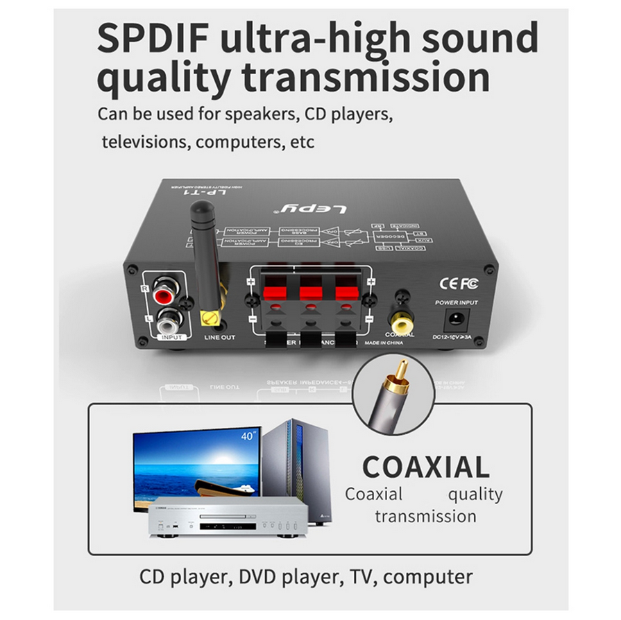 Hot sale LP-T1 Digital HiFi Bluetooth Amplifier Coaxial USB Disk Lossless Playback Mini Digital Amplifier 30Wx2+60W EU-PLUG