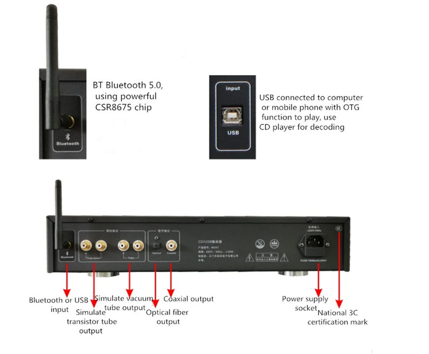 Music MU5T HIFI CD Turntable Player Vacuum Tube Transistor Output USB Bluetooth Input CD carousel Player 32Bit 192K PCM1795 Chip