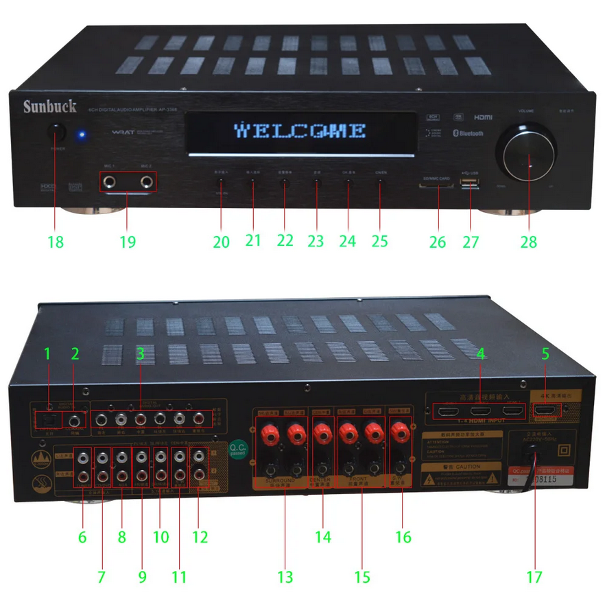Sunbuck Lossless Bluetooth 2000W HD AV Power Amplifier USB Fiber Coaxial DTS Dolby AC-3 Home Theater 5.1 Power Amplifier Audio