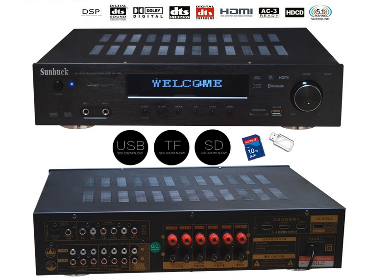 Sunbuck Lossless Bluetooth 2000W HD AV Power Amplifier USB Fiber Coaxial DTS Dolby AC-3 Home Theater 5.1 Power Amplifier Audio