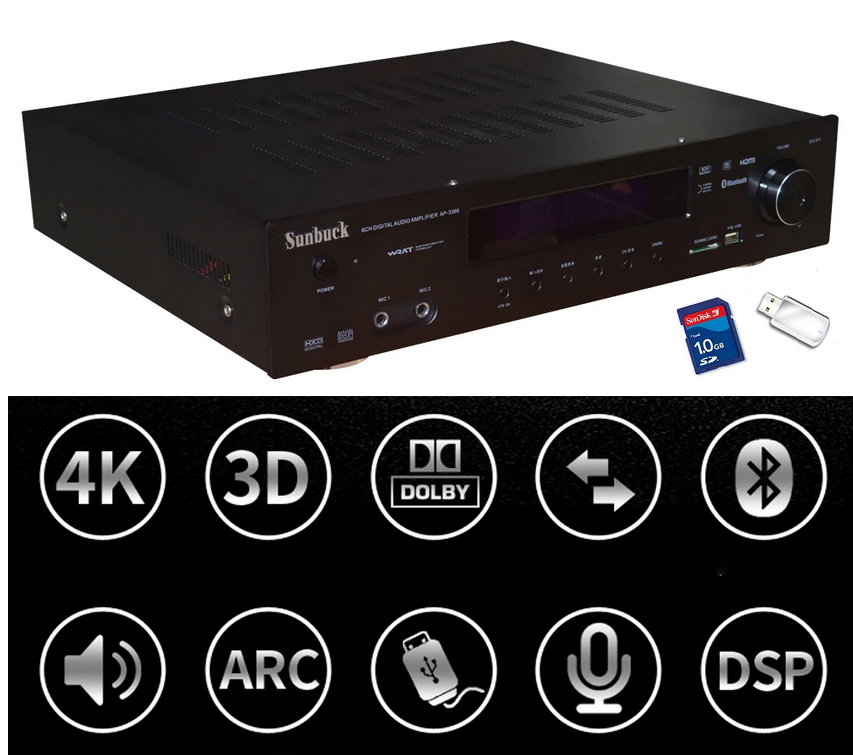 Sunbuck Lossless Bluetooth 2000W HD AV Power Amplifier USB Fiber Coaxial DTS Dolby AC-3 Home Theater 5.1 Power Amplifier Audio