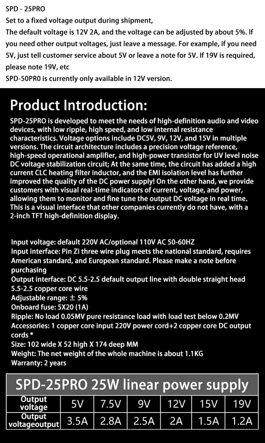 25W Low Noise Linear Sta bilized SPD-25PRO Linear Regulated DC Power Supply for Audio 5V 12V 15V