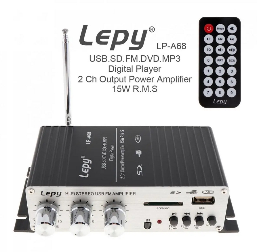 LEPY LP-A68 20W x 2 2CH HIFI Digital Audio Player Power Car Amplifier FM Radio Stereo Player Support SD USB MP3 DVD Input