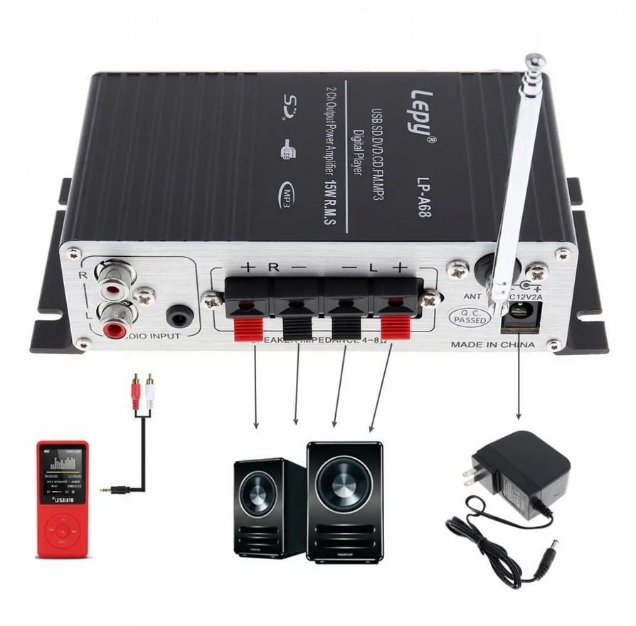 LEPY LP-A68 20W x 2 2CH HIFI Digital Audio Player Power Car Amplifier FM Radio Stereo Player Support SD USB MP3 DVD Input