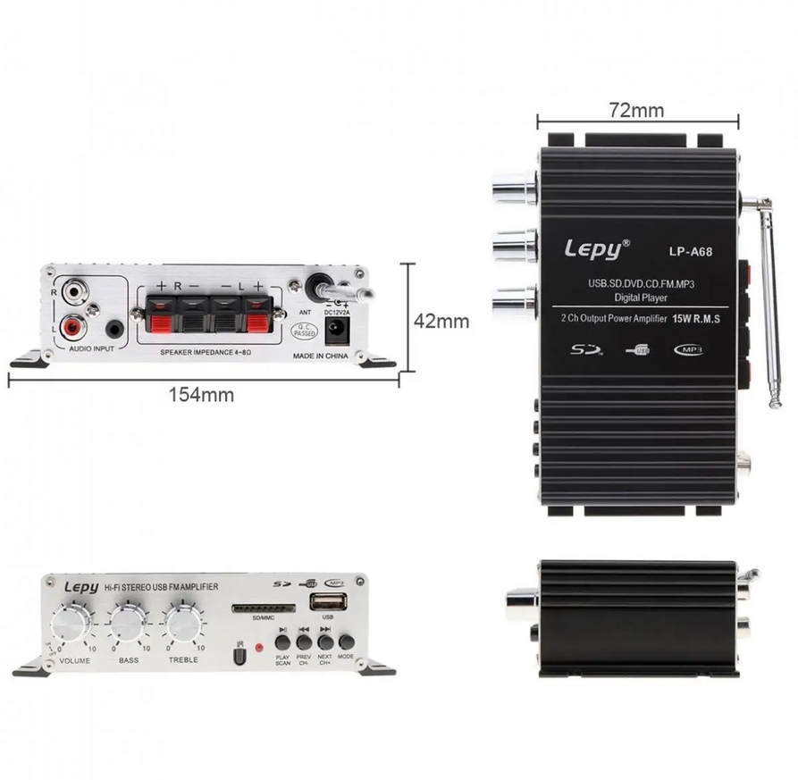 LEPY LP-A68 20W x 2 2CH HIFI Digital Audio Player Power Car Amplifier FM Radio Stereo Player Support SD USB MP3 DVD Input