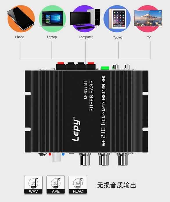 LEPY 838BT 2.1 channel Bluetooth 5.0 mini 15W*2 amplifier Small amp with heavy bass interface