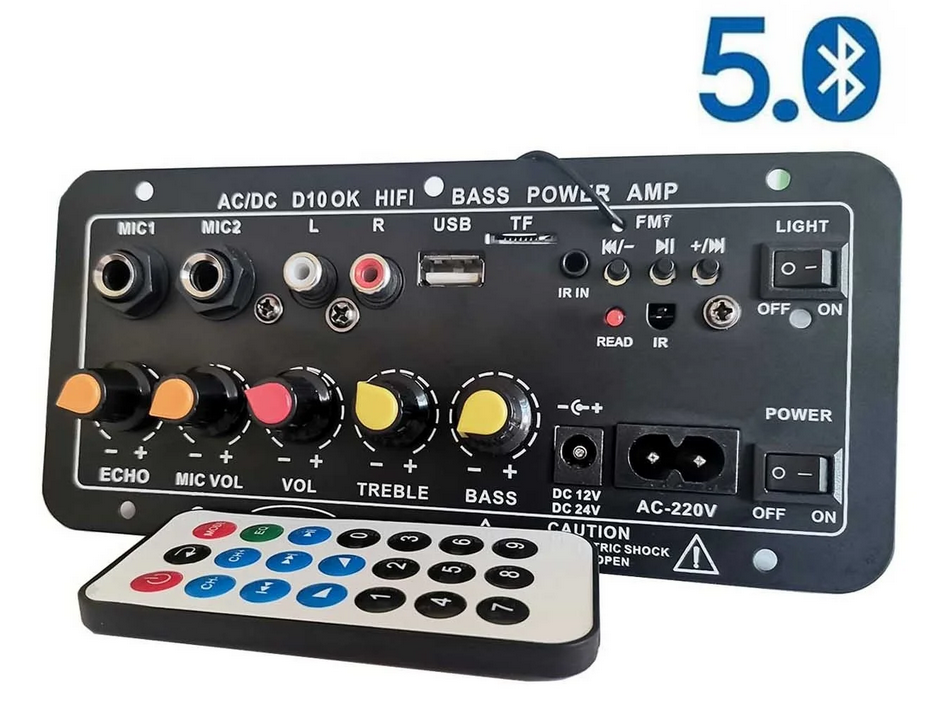 Remote control AC 220V 12v 24v Digital Bluetooth Stereo Amplifier Board Subwoofer Dual Microphone Karaoke Amplifiers For 8-12 Inch Speaker