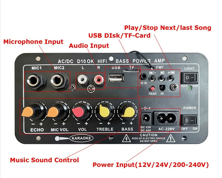 Remote control AC 220V 12v 24v Digital Bluetooth Stereo Amplifier Board Subwoofer Dual Microphone Karaoke Amplifiers For 8-12 Inch Speaker