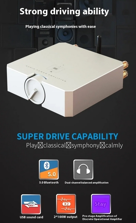 AMP35 Bluetooth 5.0 Stereo 100W+100W Amplifier  HiFi Class AB USB Audio Card Power Amp