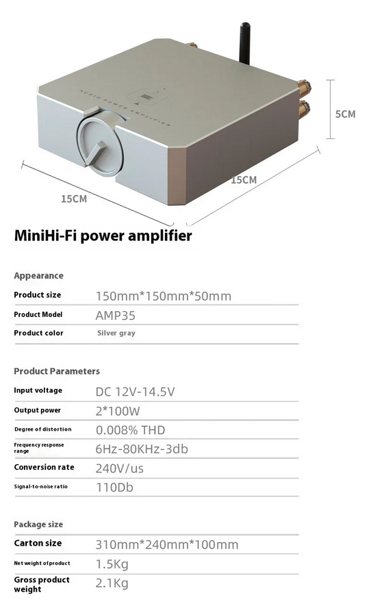 AMP35 Bluetooth 5.0 Stereo 100W+100W Amplifier  HiFi Class AB USB Audio Card Power Amp