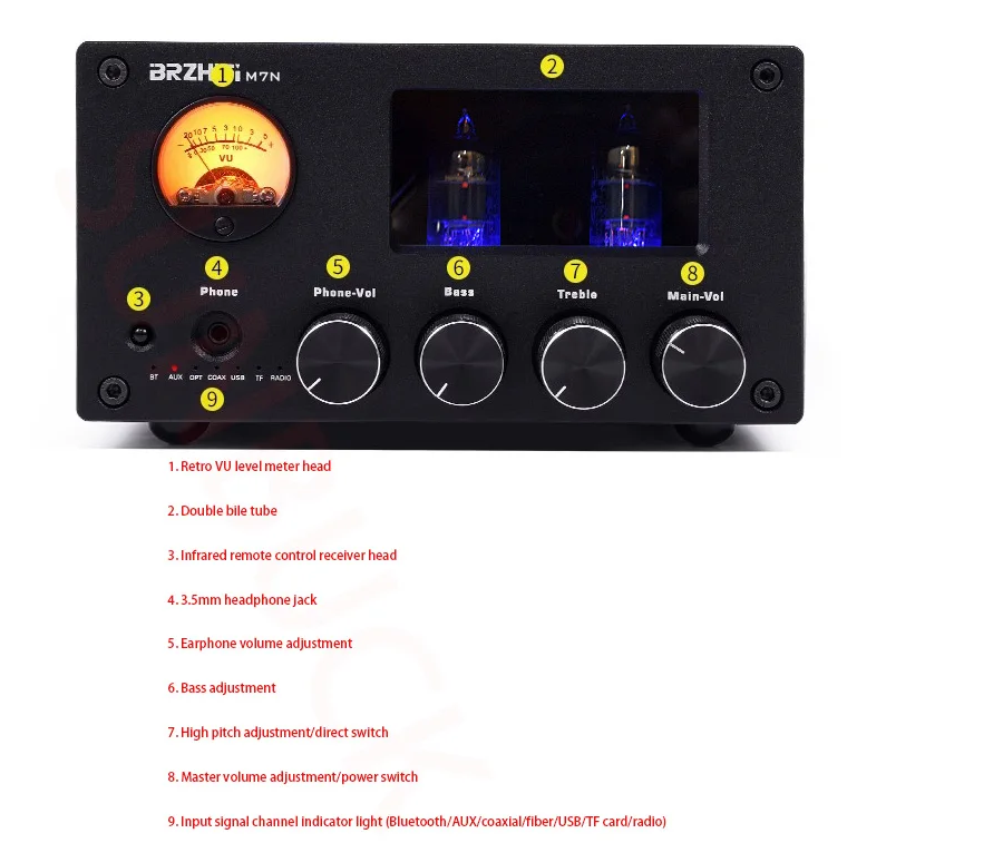 M7N 100W Multifunctional Bluetooth Stereo Power Amplifier 2x6J1 Electronic Tubes Amplifier Retro VU Meter