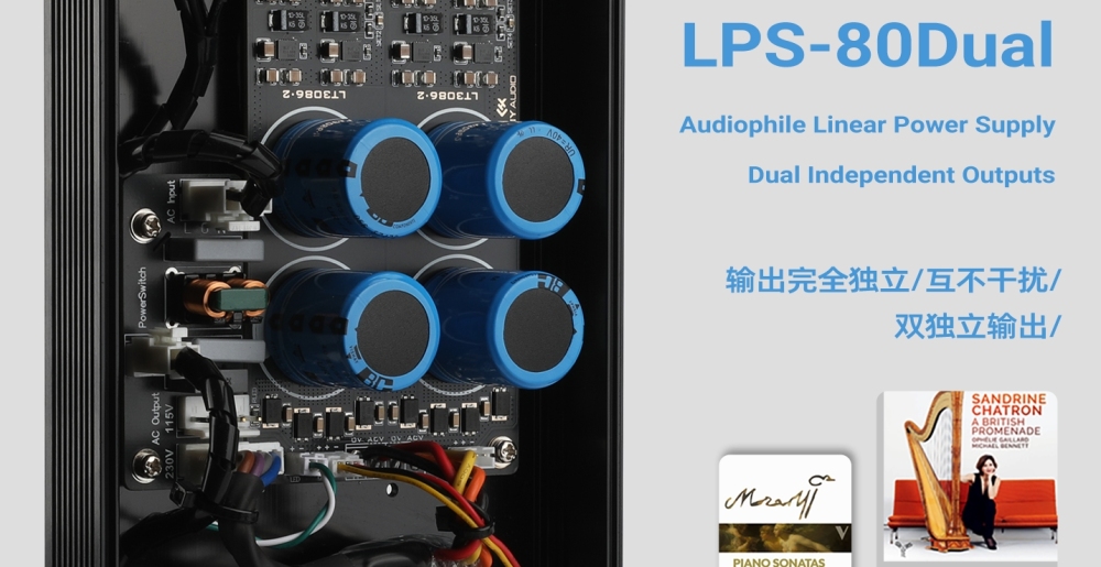 LPS-80 Dual independent output low-noise regulated linear power supply 12V/19V with multiple voltage options