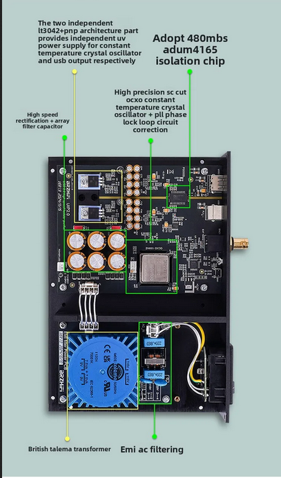 10MHZ UIP2.0 PCHIFI Fever Audio USB Purification Isolator OCXO Clock Input 480Mbs ADuM4165 Isolation+OCXO+PLL+LT3042
