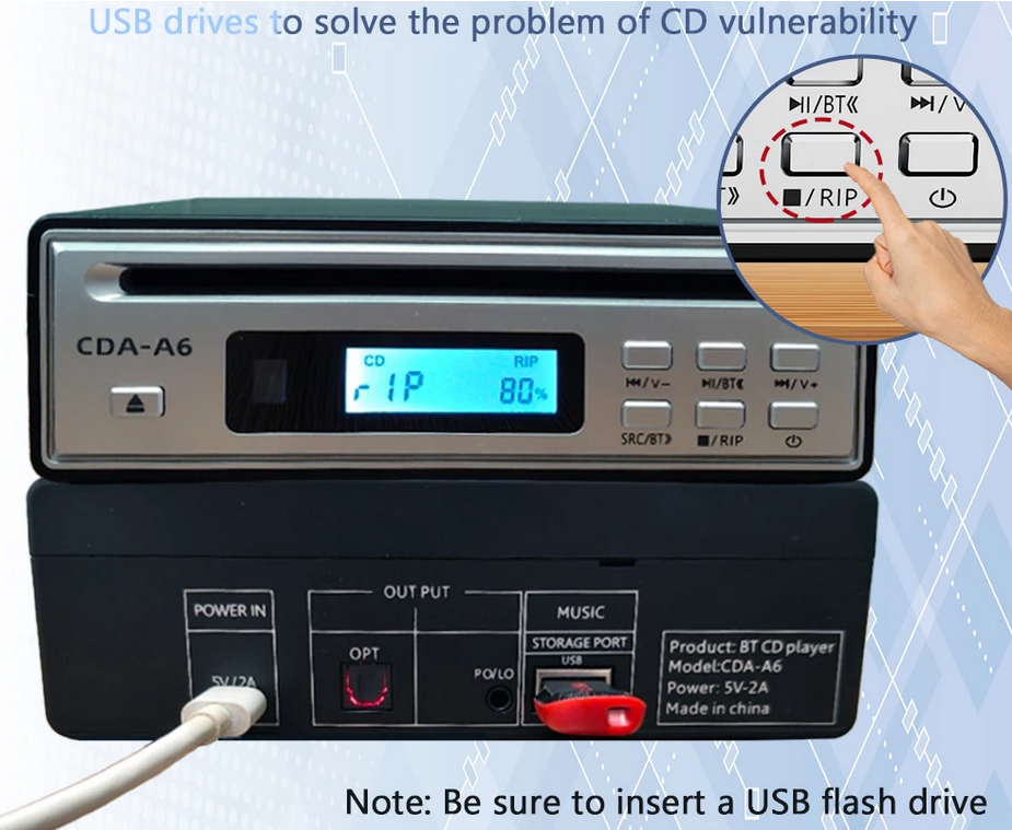 Hi-Fi CD Ripper Dual-Mode Bluetooth CD Player USB Player Optical  AUX Output with Remote Control