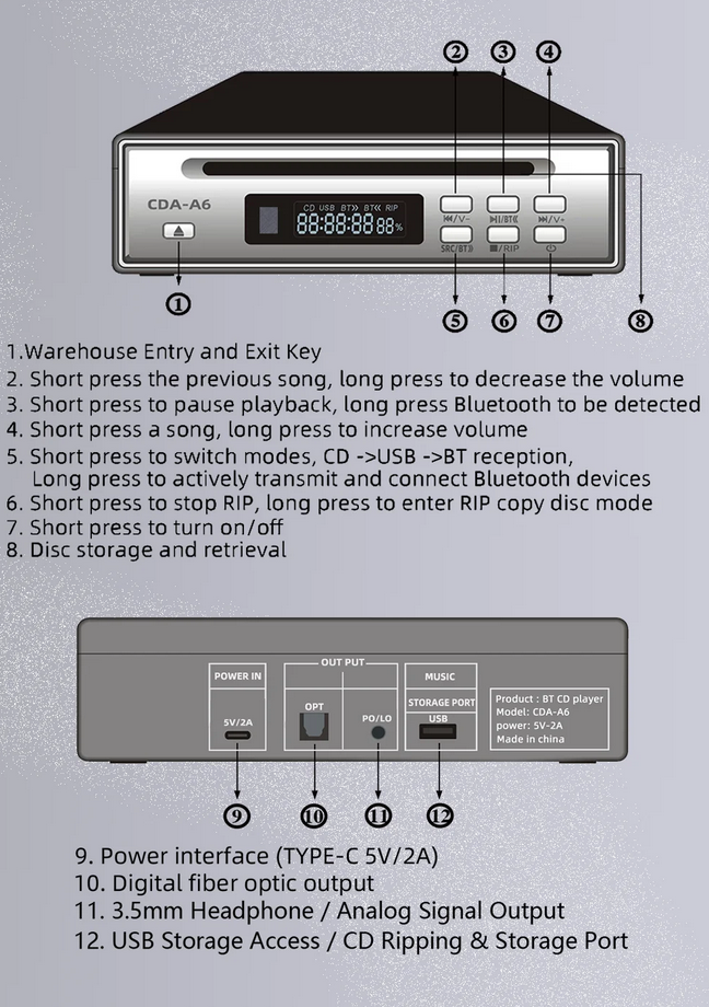 Hi-Fi CD Ripper Dual-Mode Bluetooth CD Player USB Player Optical  AUX Output with Remote Control