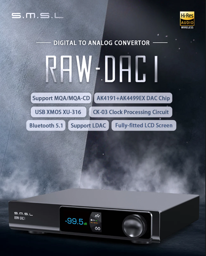 SMSL RAW-DAC1 Decoder MQA MQA-CD AK4191+AK4499EX Bluetooth 5.1 Support LDAC XU316 32Bit/768kHz DSD512 DAC RAW DAC1