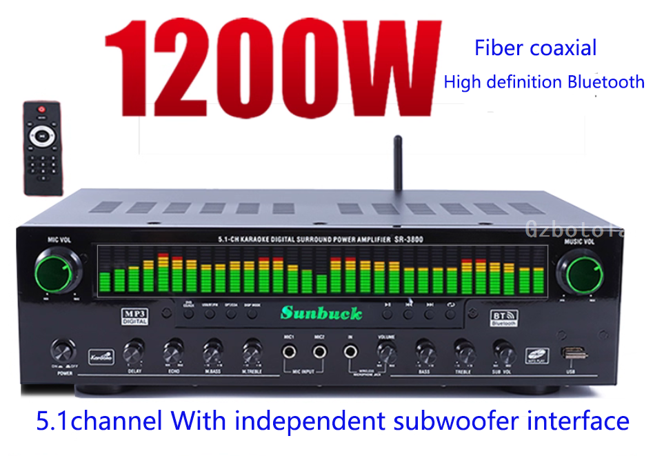 High power SR-3800 1200W 220V Bluetooth Fiber coaxial  Lossless decoding Amplifier 5.1CH Karaoke Digital Surround Power amplifier with remote control