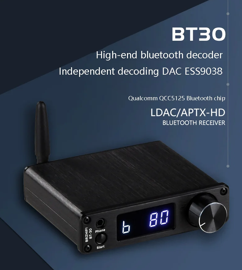 BRZHIFI BT-30 USB C DAC Bluetooth Receiver ES9038Q2M HiFi Audio Decoder Support LDAC 24Bit 96KHz And Coaxial Optical Input