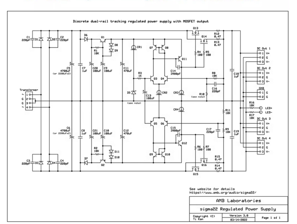 Sigma22 Ultra low noise field-effect transistor discrete component DC stabilized power supply board