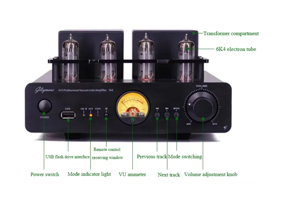 HIFI Tube Power Amplifier 6K4 Tube Bluetooth 5.3 Dual TPA3221 Chip Home Amplifier 100W * 2 Output Power USB 24BIT 84KHz