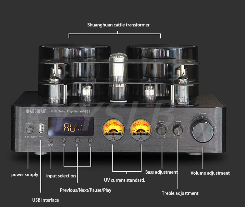 Bluetooth 5.0 High Power Fever Hifi 6U1 6A2 ECH81 Tube Amplifier Pre-stage Auido Speaker Amplifier 200W+200W Home Theater Support 4-8Ω speaker