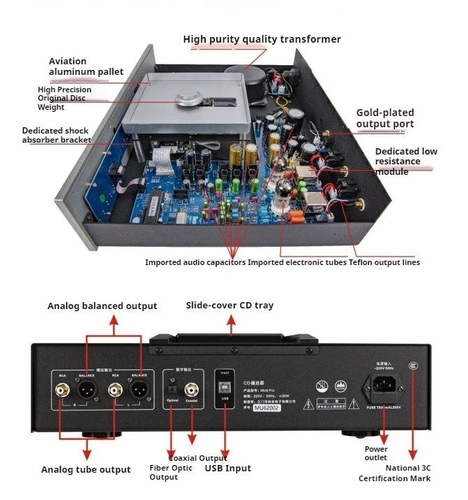 Musicnote CD-MU6 Pro Fever CD Player Top Push Cover Tube Balanced Output Player 1795 Decoding Digital Output with remote control