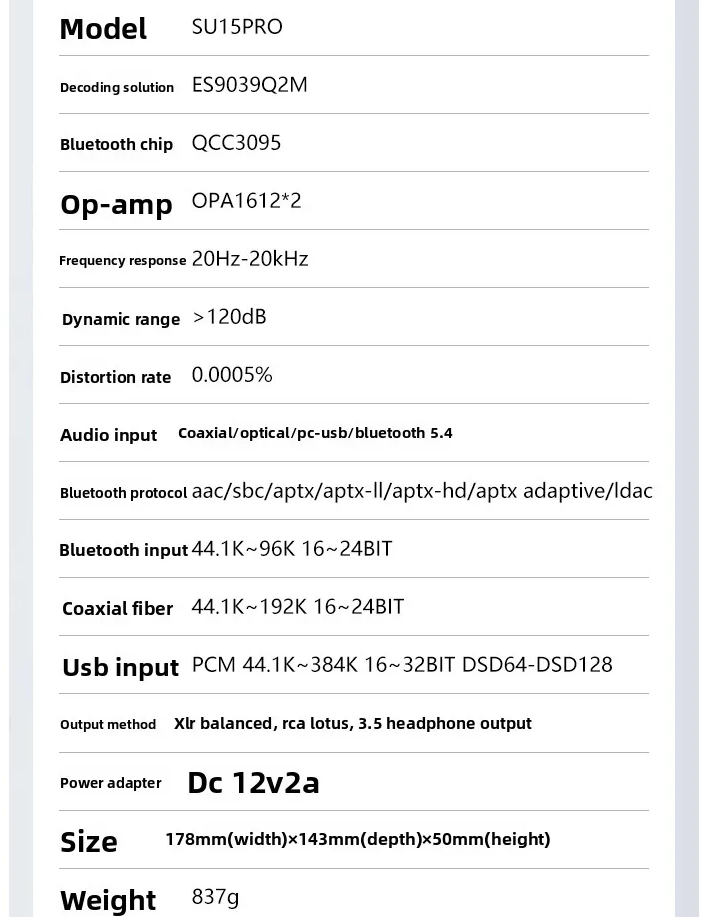 2026 latest Weiliang SU15PRO audio dac decoder hifi fever ES9039Q2M bluetooth 5.4 balanced outpu twith DC12V adapter