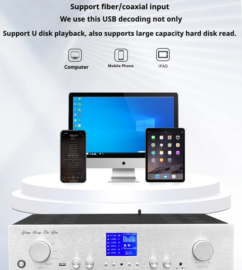 Upgrade A1 High-power 800W Hifi Amplifier USB Bluetooth 5.2 Subwoofer Output lossless play Power Amplifier Audio Support lossless USB flash drive Bluetooth