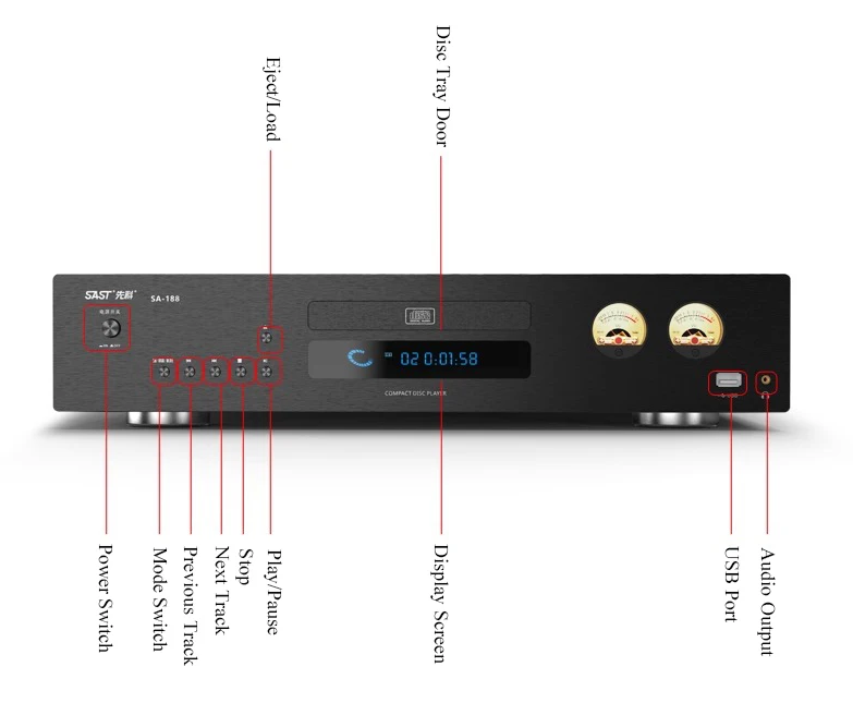 SA-188 HIFICD Player Bluetooth 5.2 SPHE8104 DAC Chip Dual VU Meters Audiophile CD Music Transport Supports Electronic Shockproof