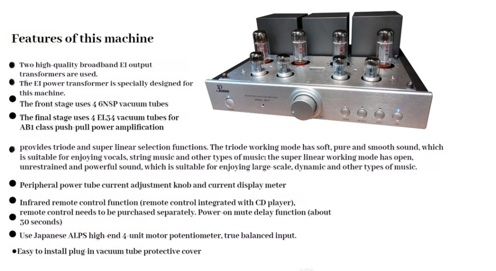 Musicnote MU71 high cost-effective 6N8P EL34 push-pull tube amplifier  RCA and balanced input hifi power amplifier