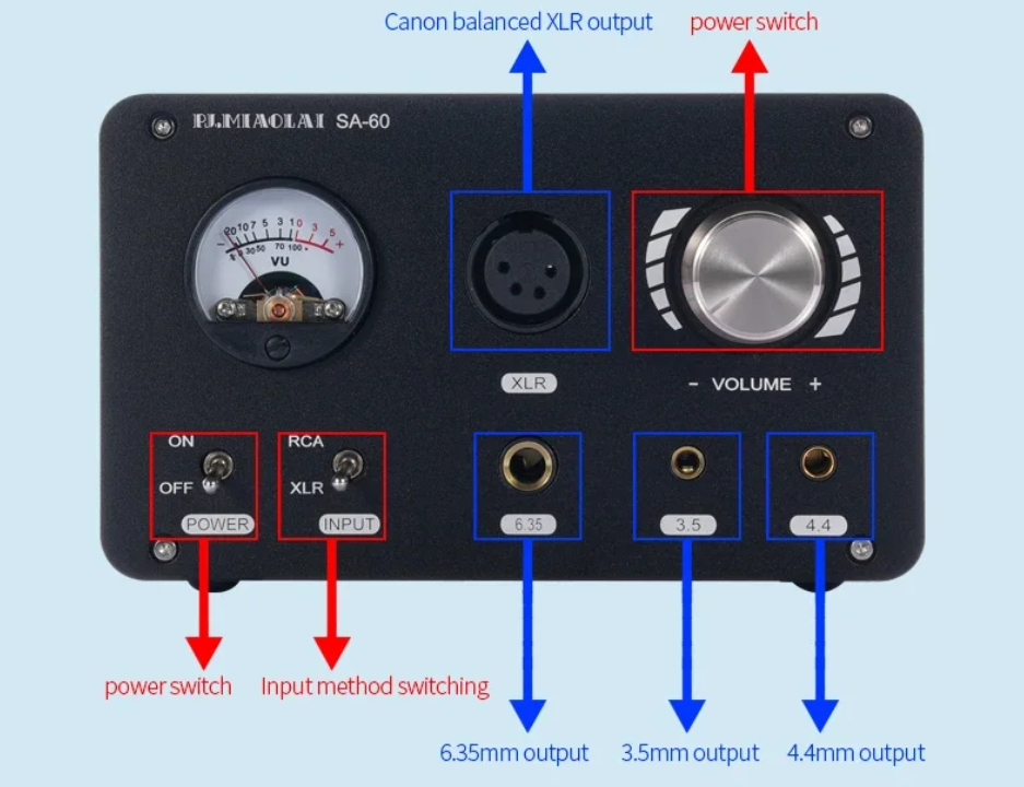 SA-60 Fully Balanced HIFI Headphone Amplifier 600Ω Driver Balanced Output TPA6120A Professional Grade Headphone Amplifier VU meter