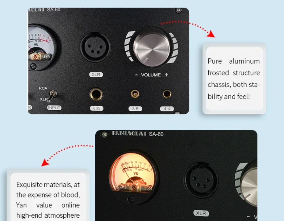 SA-60 Fully Balanced HIFI Headphone Amplifier 600Ω Driver Balanced Output TPA6120A Professional Grade Headphone Amplifier VU meter