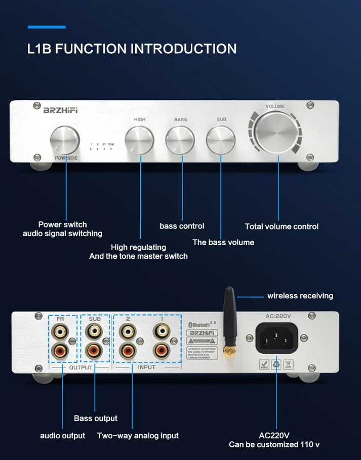 Pure Class A 2.0/2.1 Channel High Bass Adjustable HiFi Preamplifier With Bluetooth 5.0 Available