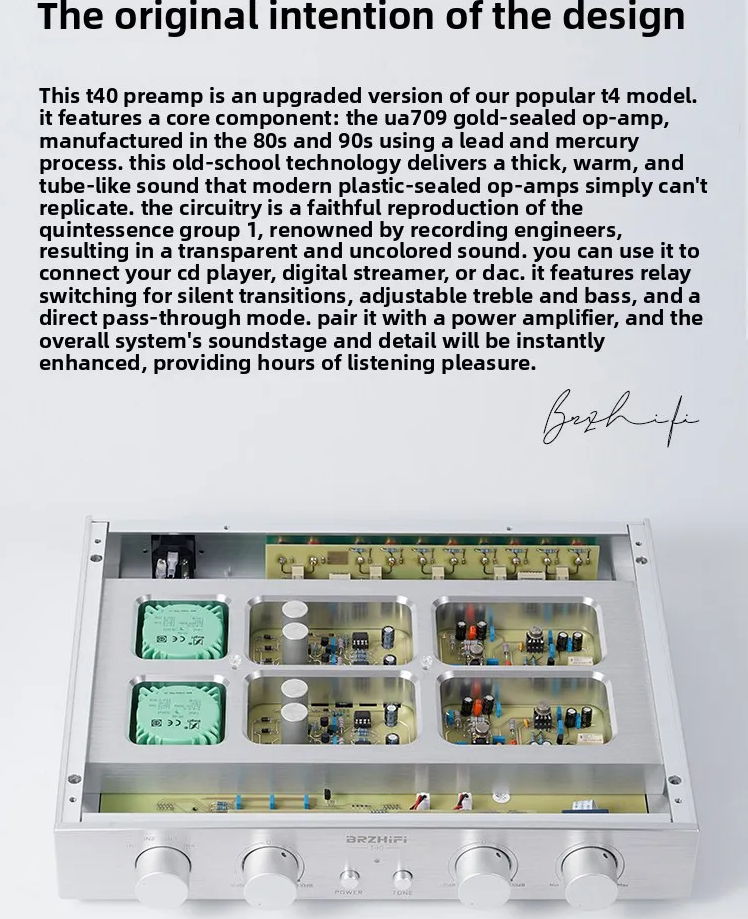 New list BRZHIFI T40 preamplifier uA709 Gold Seal OPA preamplifier 4 in 1 out High and Bass Adjustable Straight Throug