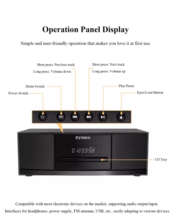 All-in-one HIFI Desktop CD Player with Built-in Speakers Bluetooth 5.1 FM Radio Multifunctional Home CD Player EQ Adjustment AC110V-AC240V