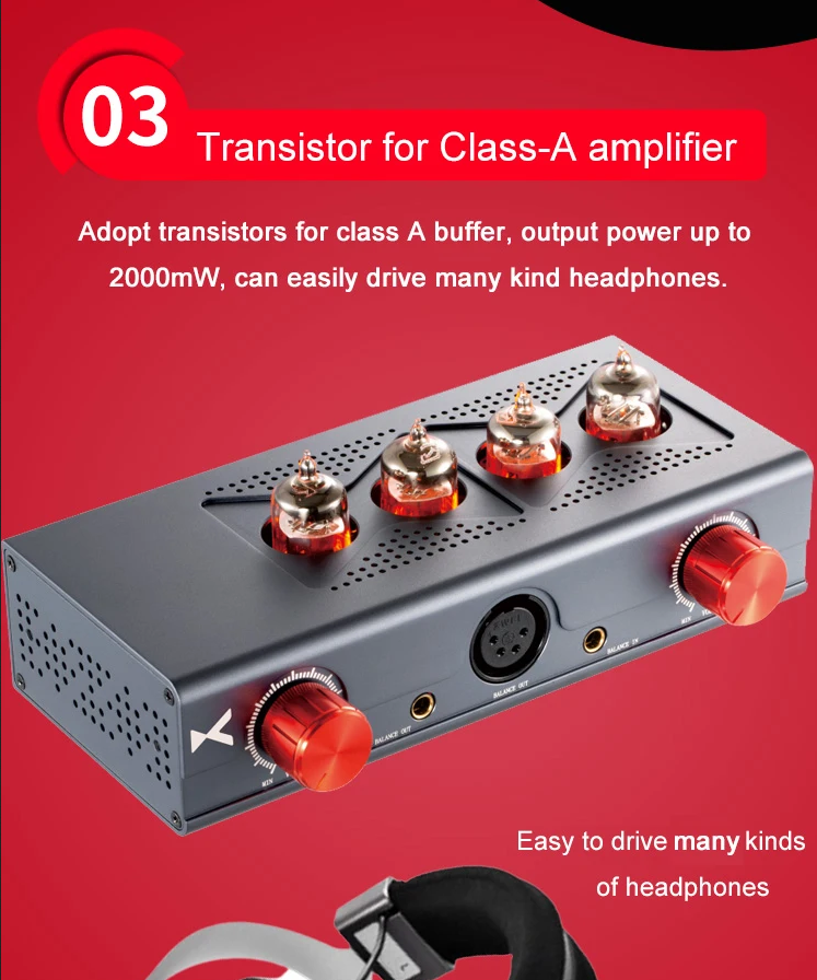 Xduoo MT-604 Tube+Transistor Hybrid Headphone Amplifier Pre-Amplifier with Four 6J1 Balanced Tubes Independent L&R Volume Control AC110-240V