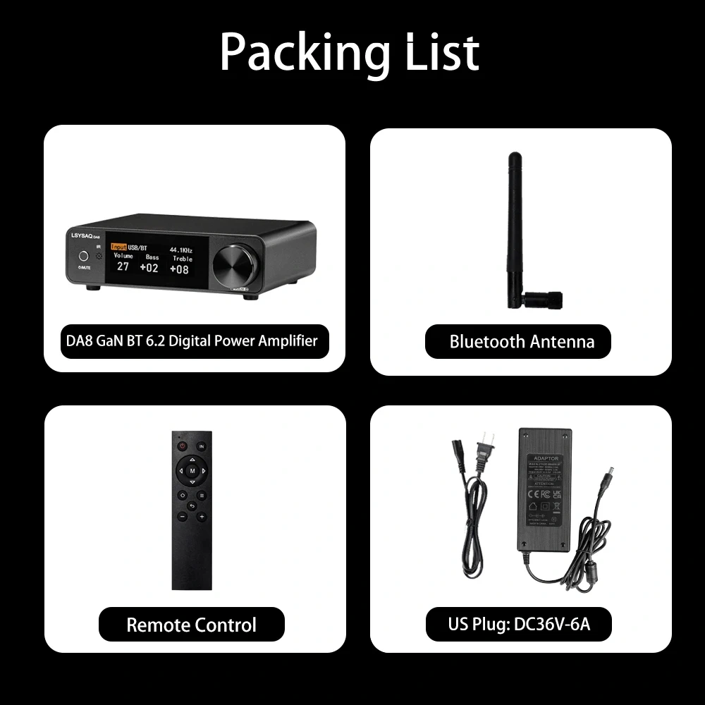 LSYSA DA8 GaN Bluetooth 6.2 HiFi Stereo Amplifier 300W×2 Class D Digital Power Amplifier Optical Coaxial USB LDAC For Home Audio