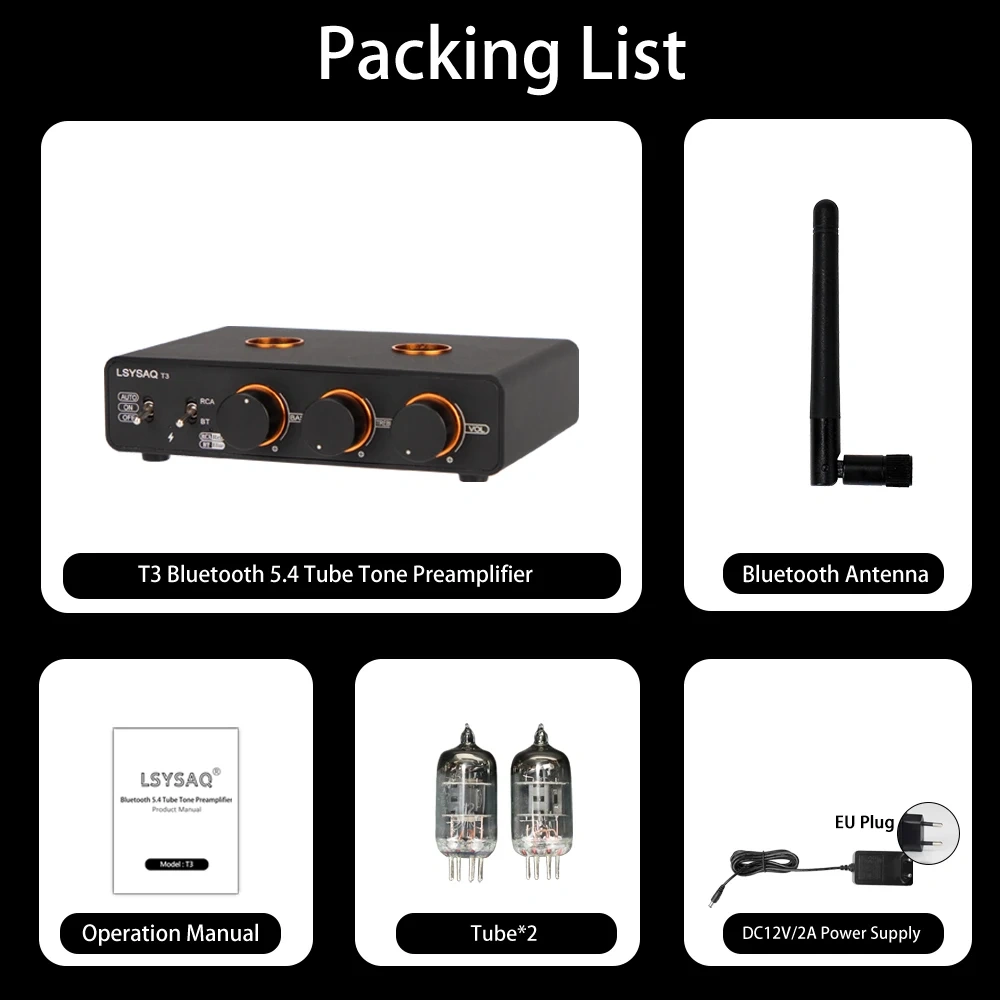 LSYSAQ T3 Vacuum Tube Preamplifier Bluetooth 5.4  6J1 Tube HiFi Stereo with Tone Control LDAC APTX‑HD Audio Input for Home Amp