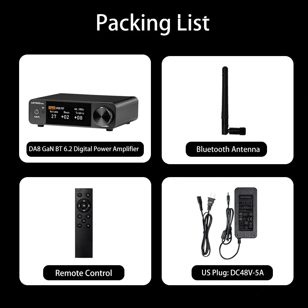 LSYSA DA8 GaN Bluetooth 6.2 HiFi Stereo Amplifier 300W×2 Class D Digital Power Amplifier Optical Coaxial USB LDAC For Home Audio
