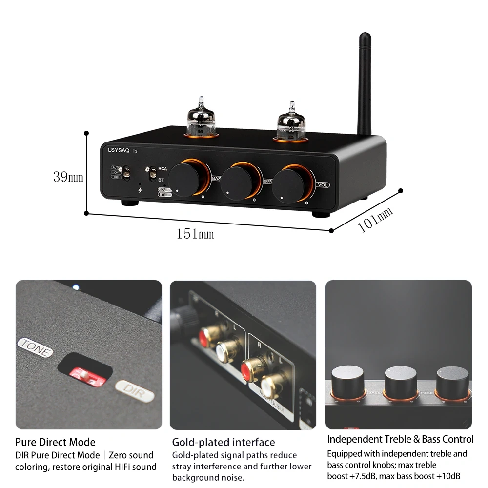 LSYSAQ T3 Vacuum Tube Preamplifier Bluetooth 5.4  6J1 Tube HiFi Stereo with Tone Control LDAC APTX‑HD Audio Input for Home Amp