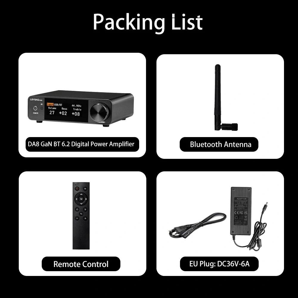 LSYSA DA8 GaN Bluetooth 6.2 HiFi Stereo Amplifier 300W×2 Class D Digital Power Amplifier Optical Coaxial USB LDAC For Home Audio