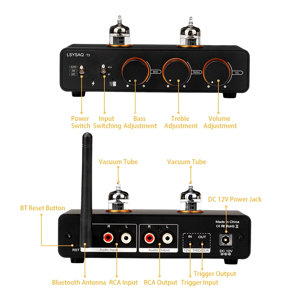 LSYSAQ T3 Vacuum Tube Preamplifier Bluetooth 5.4  6J1 Tube HiFi Stereo with Tone Control LDAC APTX‑HD Audio Input for Home Amp