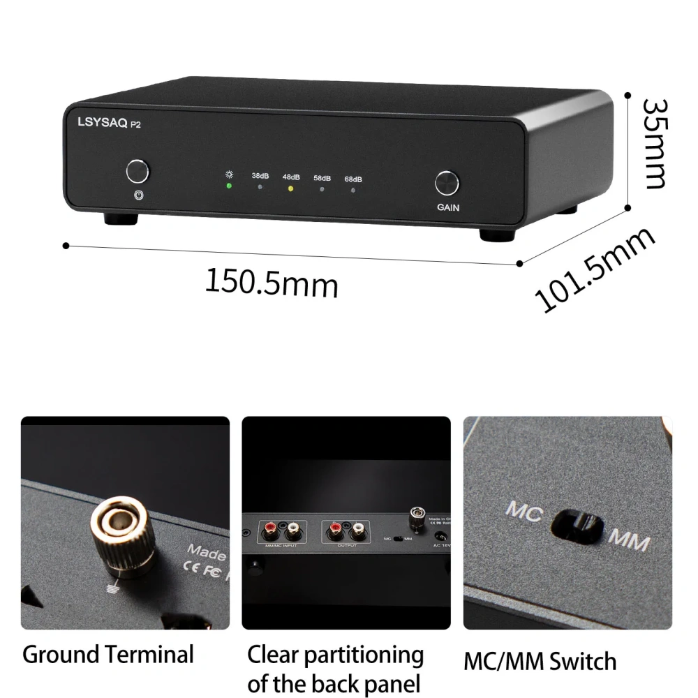 LSYSAQ P2 Phono Preamp MM MC Hi‑Fi Turntable Preamplifier RIAA Equalization 4‑Level Gain NE5532 LME49720 for Vinyl Record Player