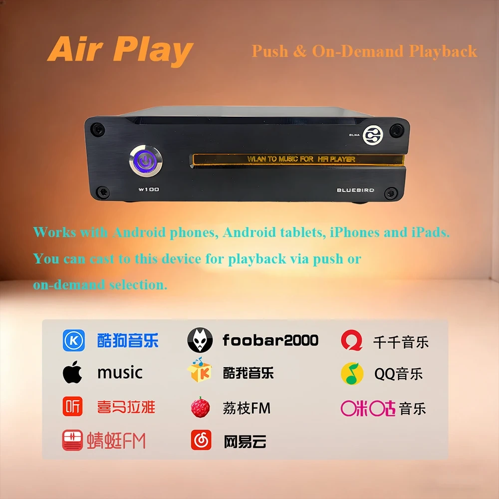 W100 Streaming Audio Player Wi-Fi Network Player AirPlay Casting & Screen Mirroring Built-in Roon, ES9039Q2M DAC Built-in