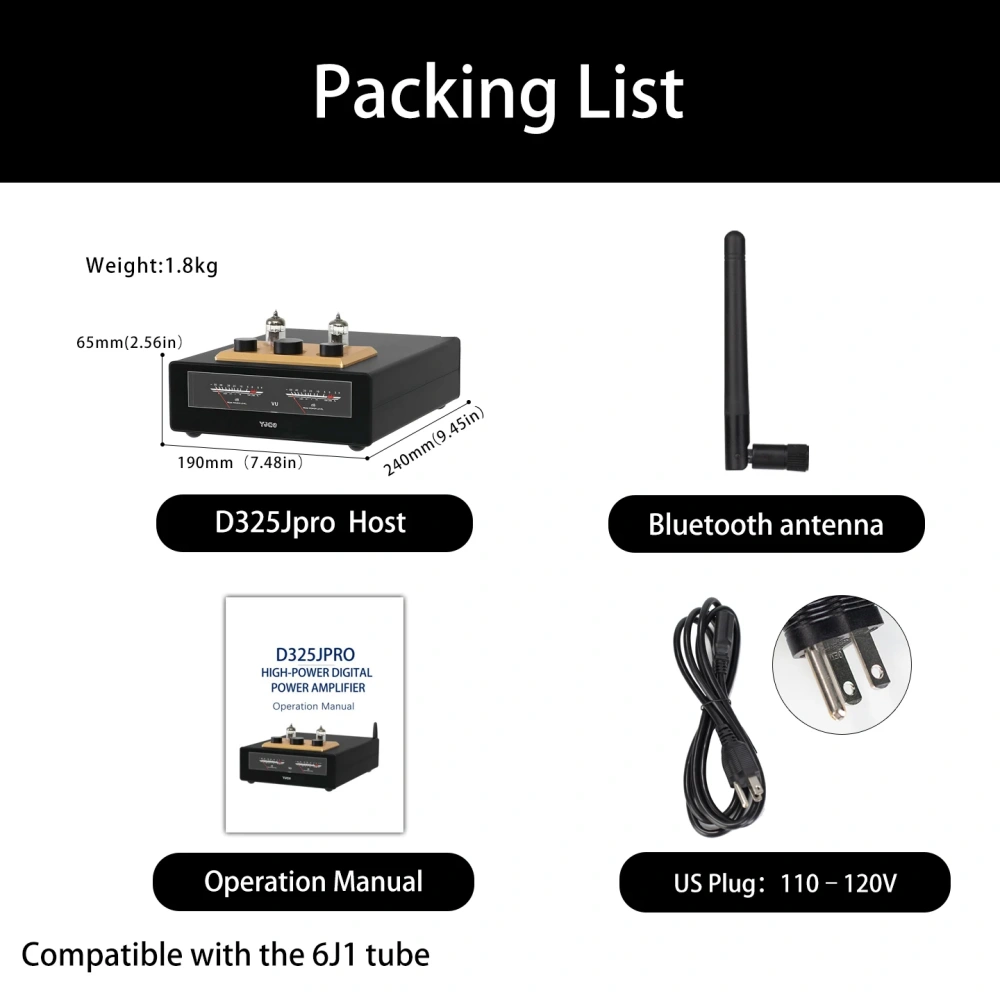 YJCO D325JPRO Audio HiFi JAN5654 Vacuum Tube Power Amplifier Bluetooth Receiver TPA3255 with VU Meter 300W*2 Max 6J1 Tube Preamp