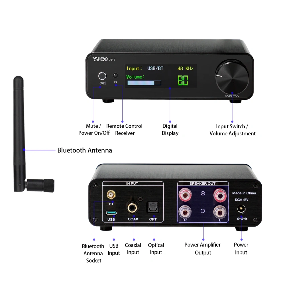 YJCO D816 High-fidelity Digital HIFI Power Amplifier 300W*2 Bluetooth Lossless Home Audio Amplifier Gallium Nitride ACM8816 Chip