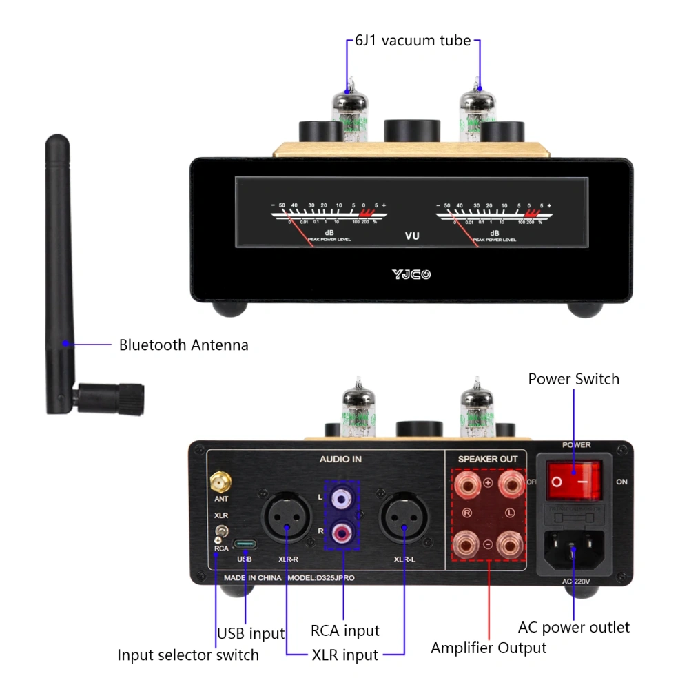 YJCO D325JPRO Audio HiFi JAN5654 Vacuum Tube Power Amplifier Bluetooth Receiver TPA3255 with VU Meter 300W*2 Max 6J1 Tube Preamp