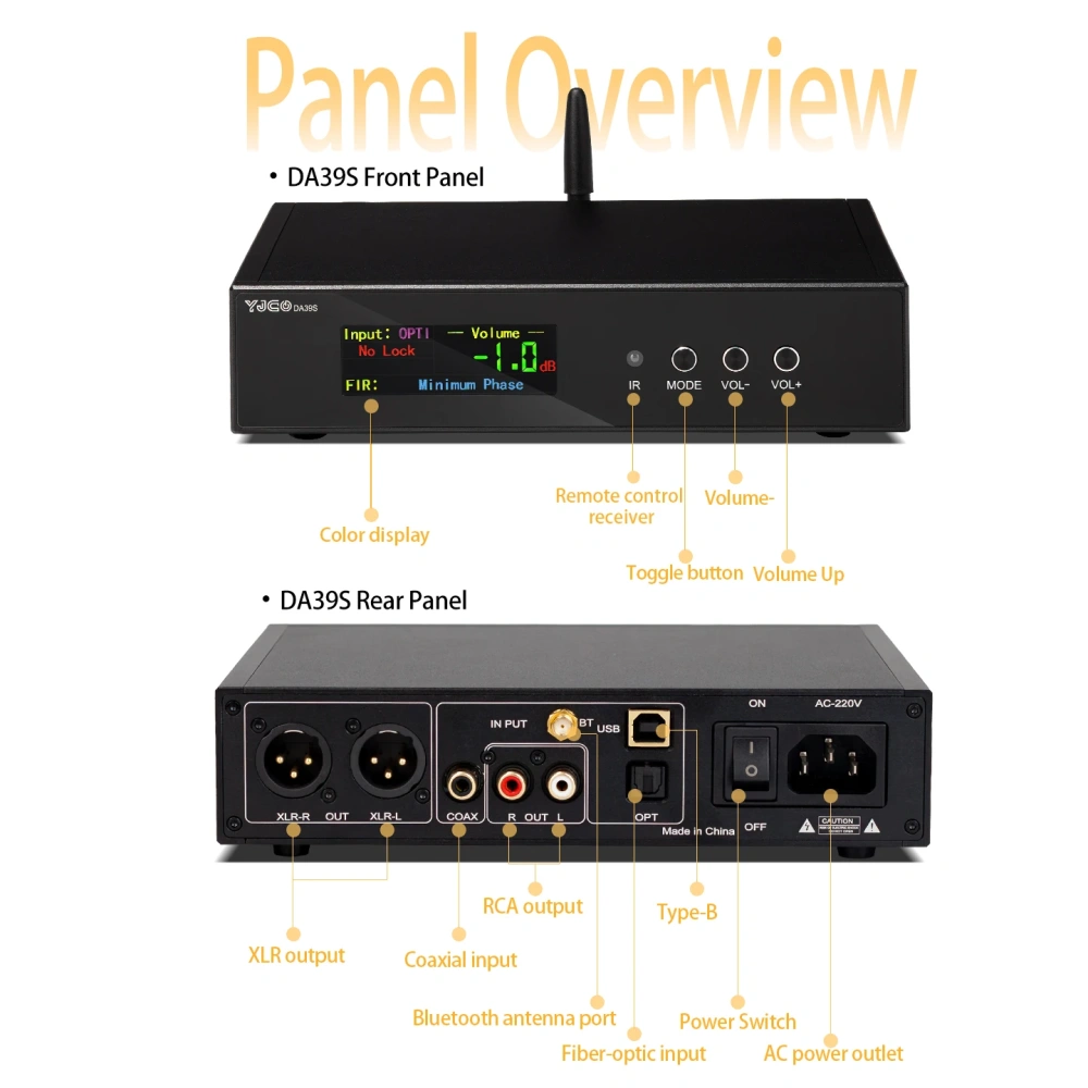 YJCO DA39S Balanced Audio DAC Decoder HiFi Audiophile-Grade Bluetooth Lossless Decoder Preamplifier Dual-Chip ES9039Q2M Home Use