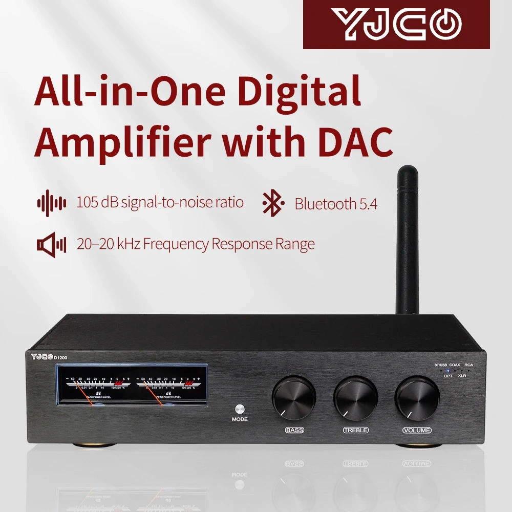 YJCO D1200 Digital Power Amplifier Dual TPA3255 Chip ES9038Q2M DAC Bluetooth5.4 LDAC XLR Balanced USB HIFI Stereo Amp 600W*2 MAX